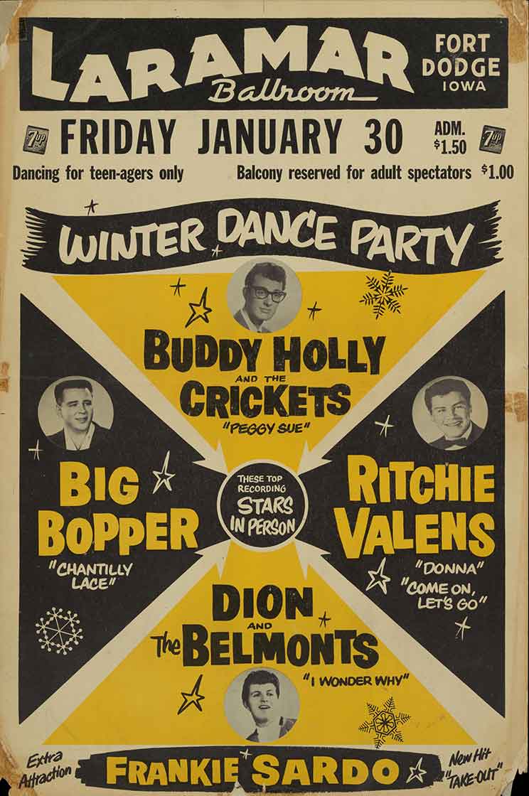 Vintage poster of Buddy Holly, Big Bopper, Dion and the Belmonts, Ritchie Valens, and Frankie Sardo live at the Laramar Ballroom.